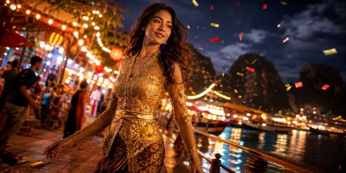 Suasana malam pasar kota Vietnam dengan cahaya gemerlap dan aktivitas taruhan casino yang ramai