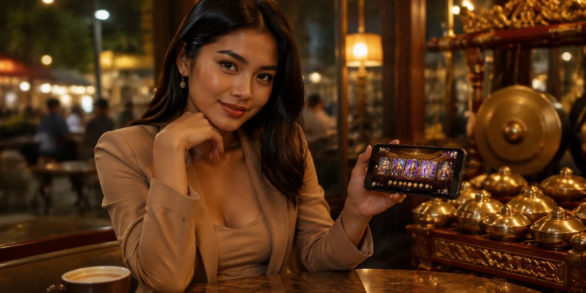 Pengguna mengakses platform casino mobile sambil menikmati kopi di kafe Vietnam yang nyaman